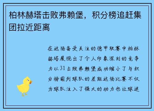 柏林赫塔击败弗赖堡，积分榜追赶集团拉近距离
