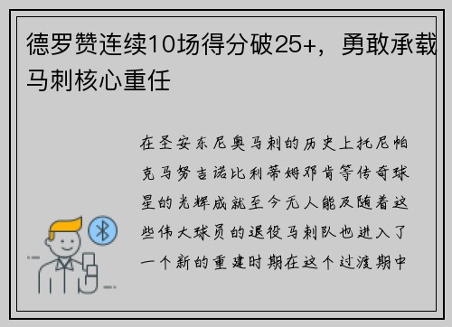 德罗赞连续10场得分破25+，勇敢承载马刺核心重任