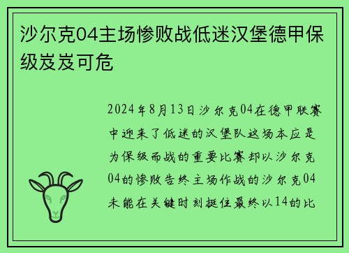 沙尔克04主场惨败战低迷汉堡德甲保级岌岌可危